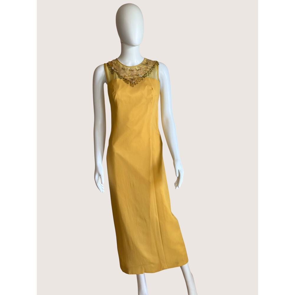 Vintage Yellow Formal Maxi Dress Beaded Neckline Open Back